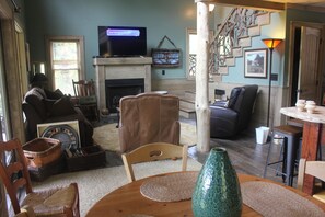 TV, fireplace, DVD player, books