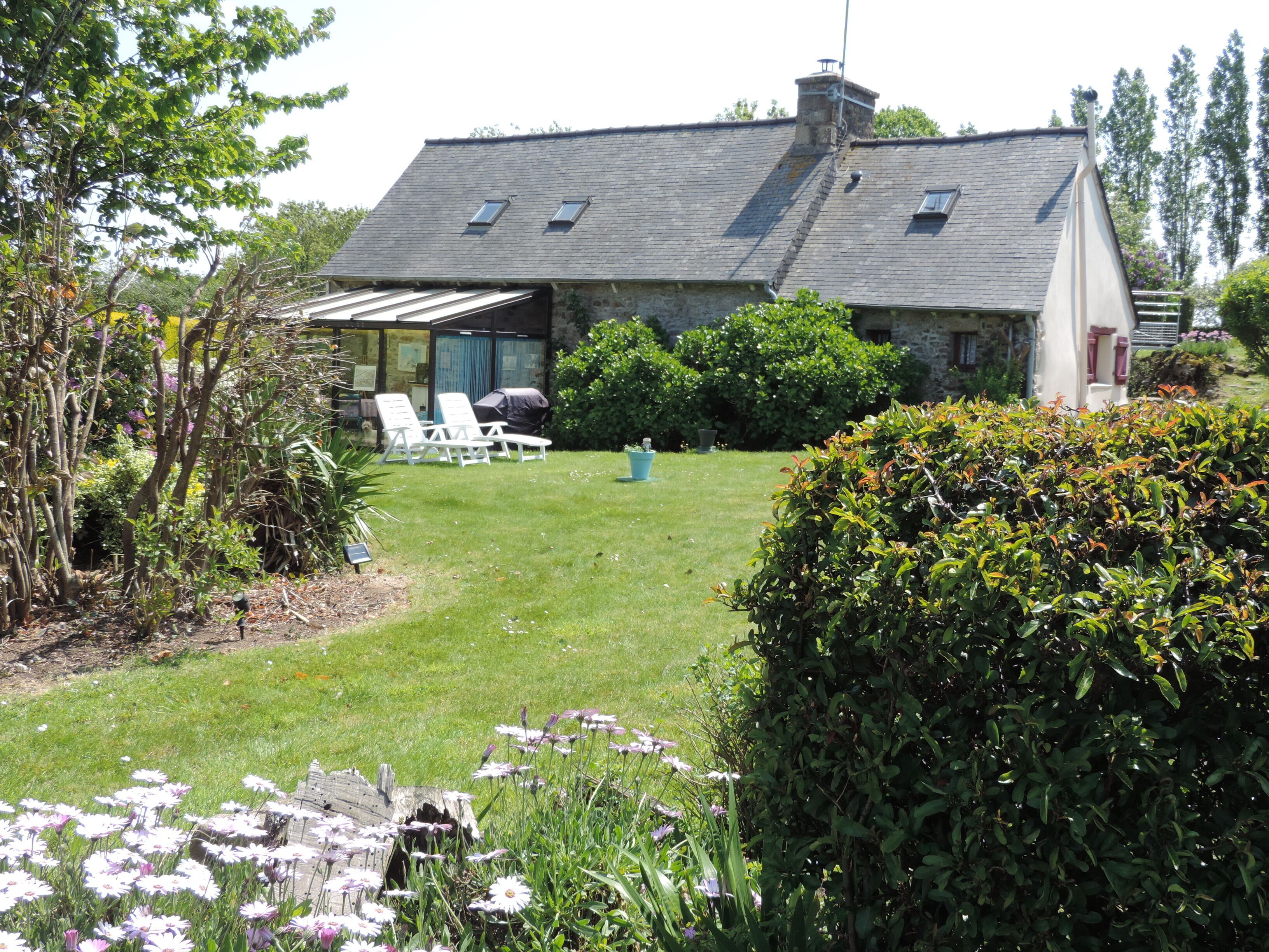 A house with a sloped roof, a covered patio, and a lawn with sun loungers.