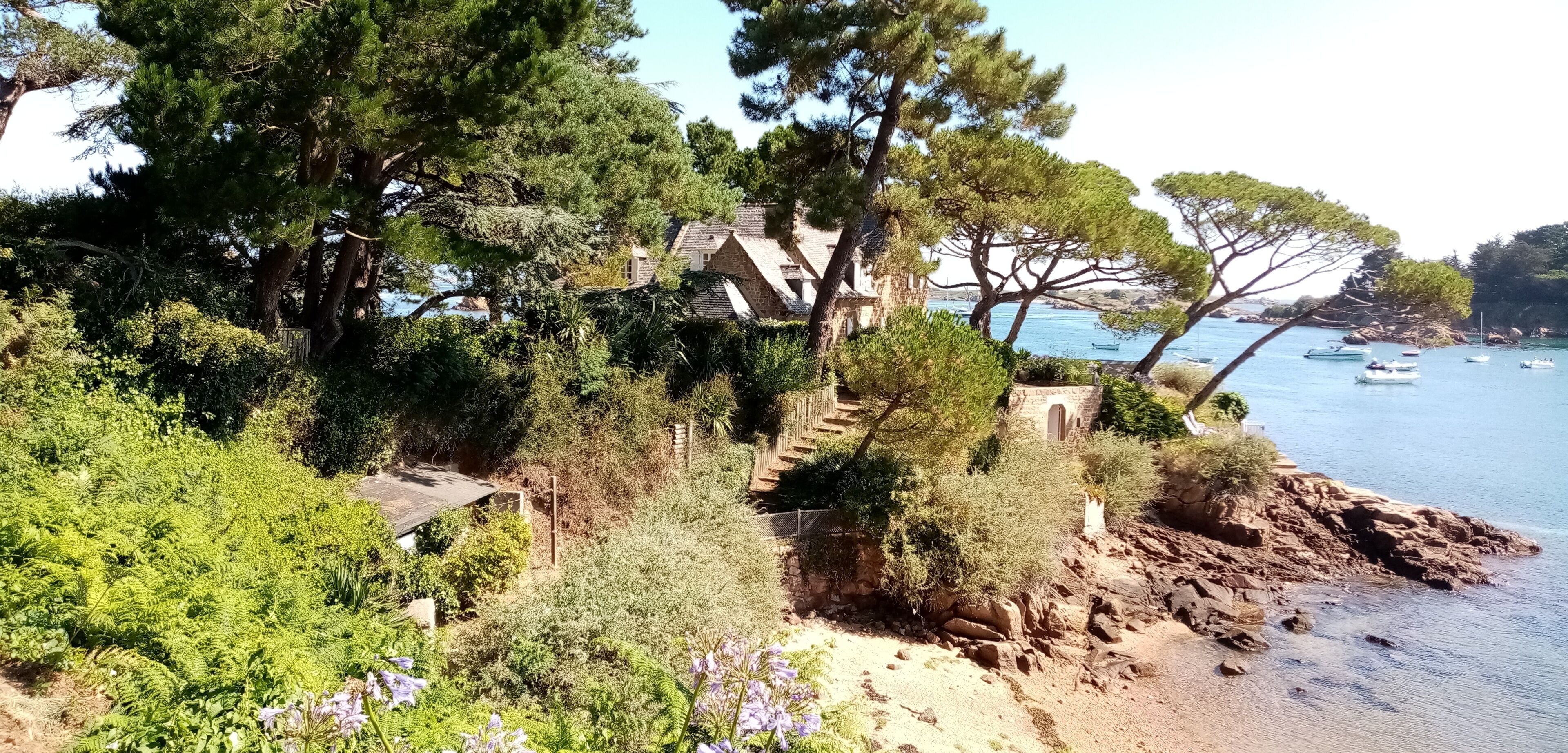 A coastal property with a stone staircase leading to a house surrounded by dense greenery and overlooking a rocky shoreline with boats in the water.