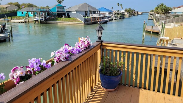 Une propriété située au bord de l’eau, dotée d’une terrasse en bois, d’un pot de fleurs et offrant une vue sur le cours d’eau, avec ses quais et ses maisons.