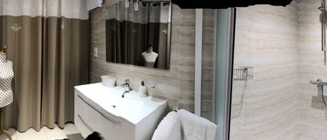 Shower, hair dryer, towels, soap