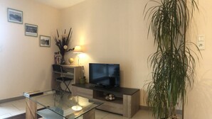 A living room with a glass coffee table, a television on a wooden stand, a potted plant, and framed pictures on the wall. - COTTAGE IN THE HEART OF THE COUNTRY CATHAR (Fanjeaux)