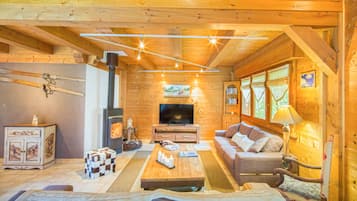 Télévision, cheminée, lecteur de DVD, vidéothèque