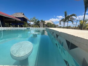 A clear swimming pool with a tiled edge, a thatched-roof structure, and palm trees in the background.