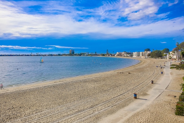 Une vaste plage de sable fin, un ciel bleu dégagé, quelques personnes qui se promènent et des bâtiments en arrière-plan.