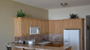 Una cucina con pensili e basi in legno, un forno a microonde, un frigorifero e un lavello.