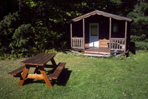 A wooden cabin with a porch and a picnic table in a grassy area. - Family Friendly Cabin - Sleeps 4, Hiking, Mountain Biking, Beautiful & Private (Freeville)