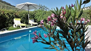 A swimming pool with a geometric tile pattern, surrounded by greenery and a few lounge chairs. - Apartment with a Mountain View and Shared Pool (Montefrio)
