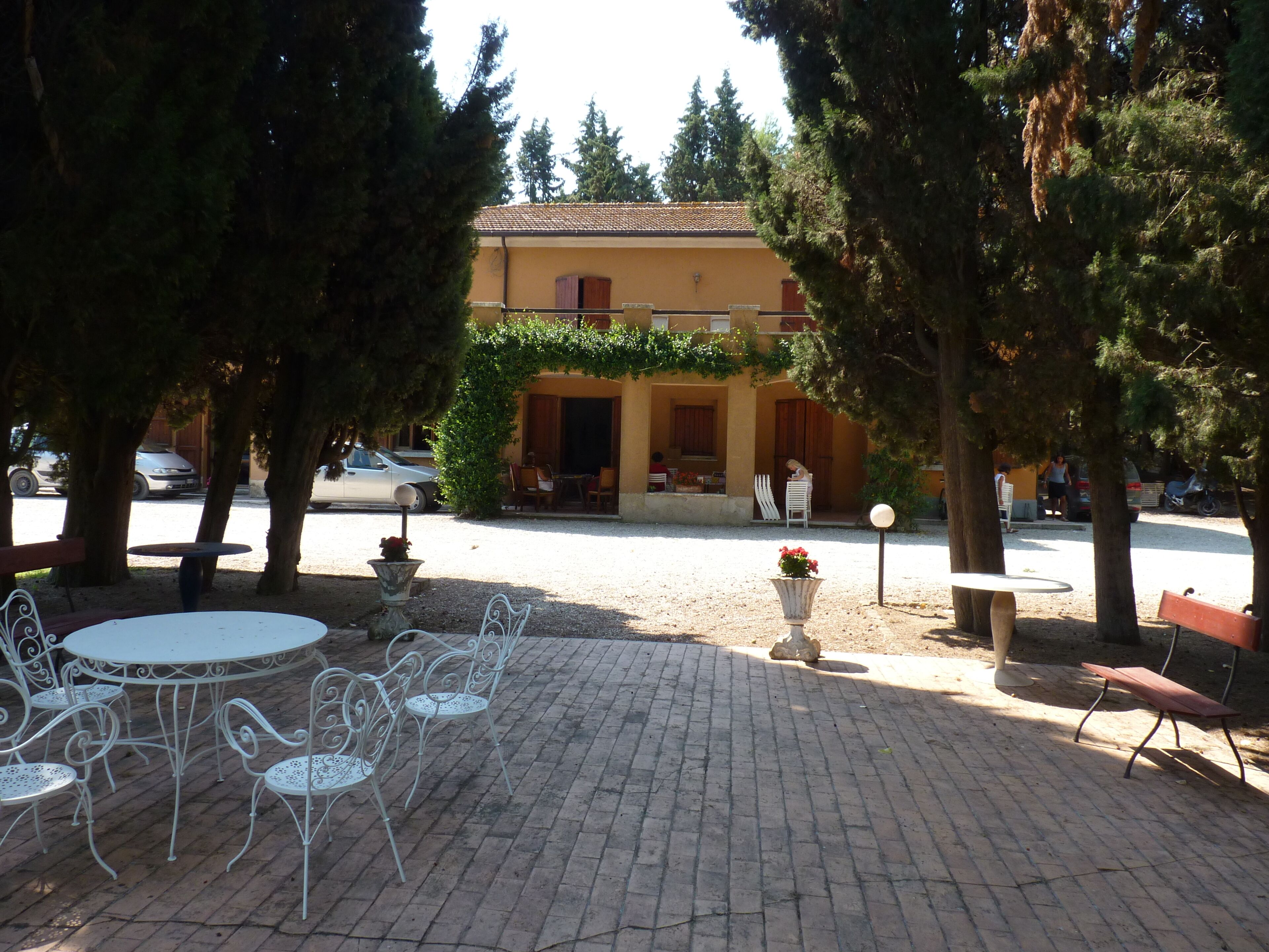 Un espace extérieur aménagé en terrasse, avec des chaises et des tables en métal blanc, entouré d’arbres.
