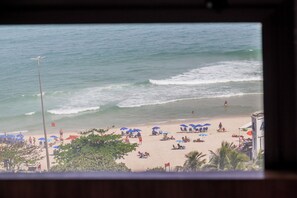 On the beach, sun loungers