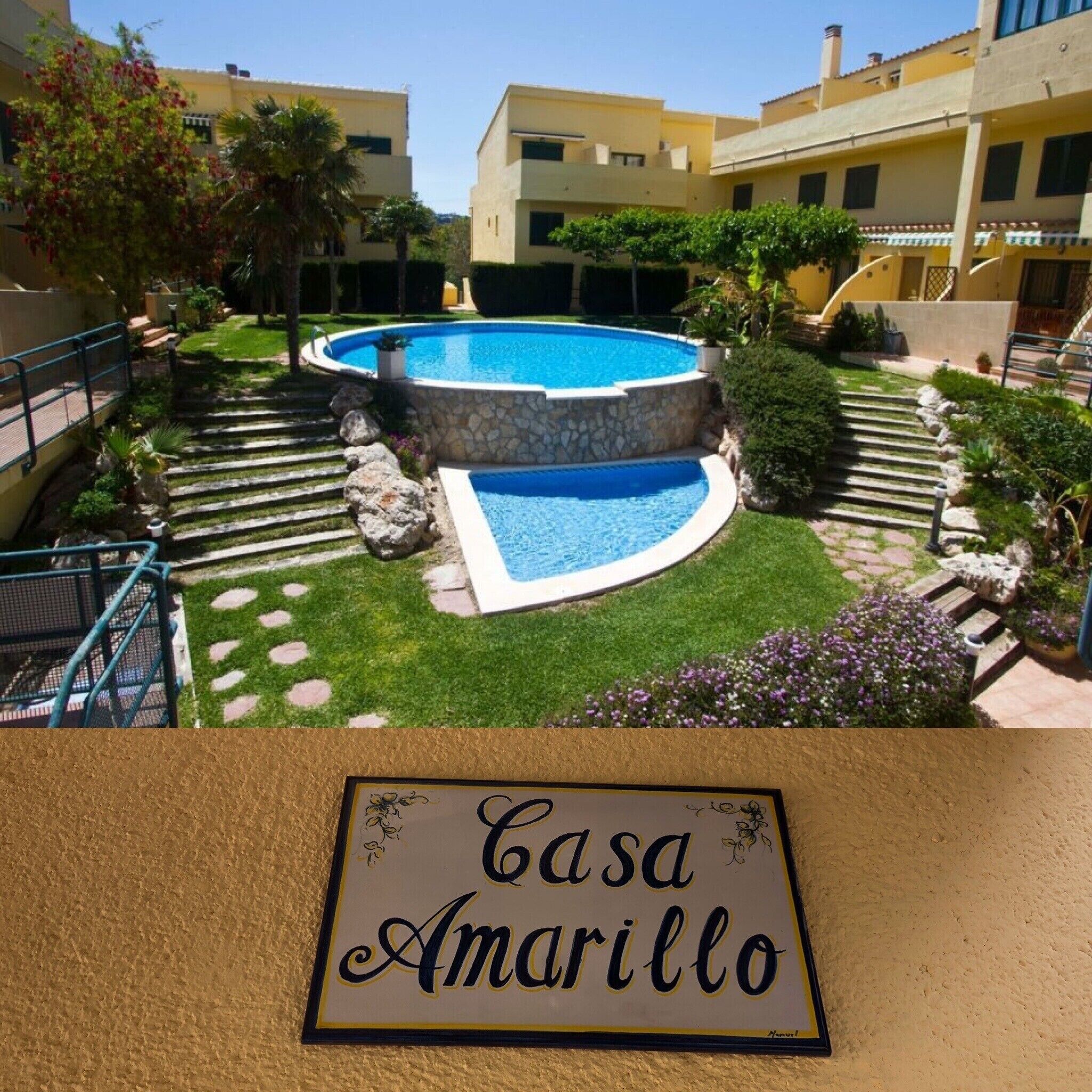A pool surrounded by a well-maintained garden with a sign reading "Casa Amarillo".