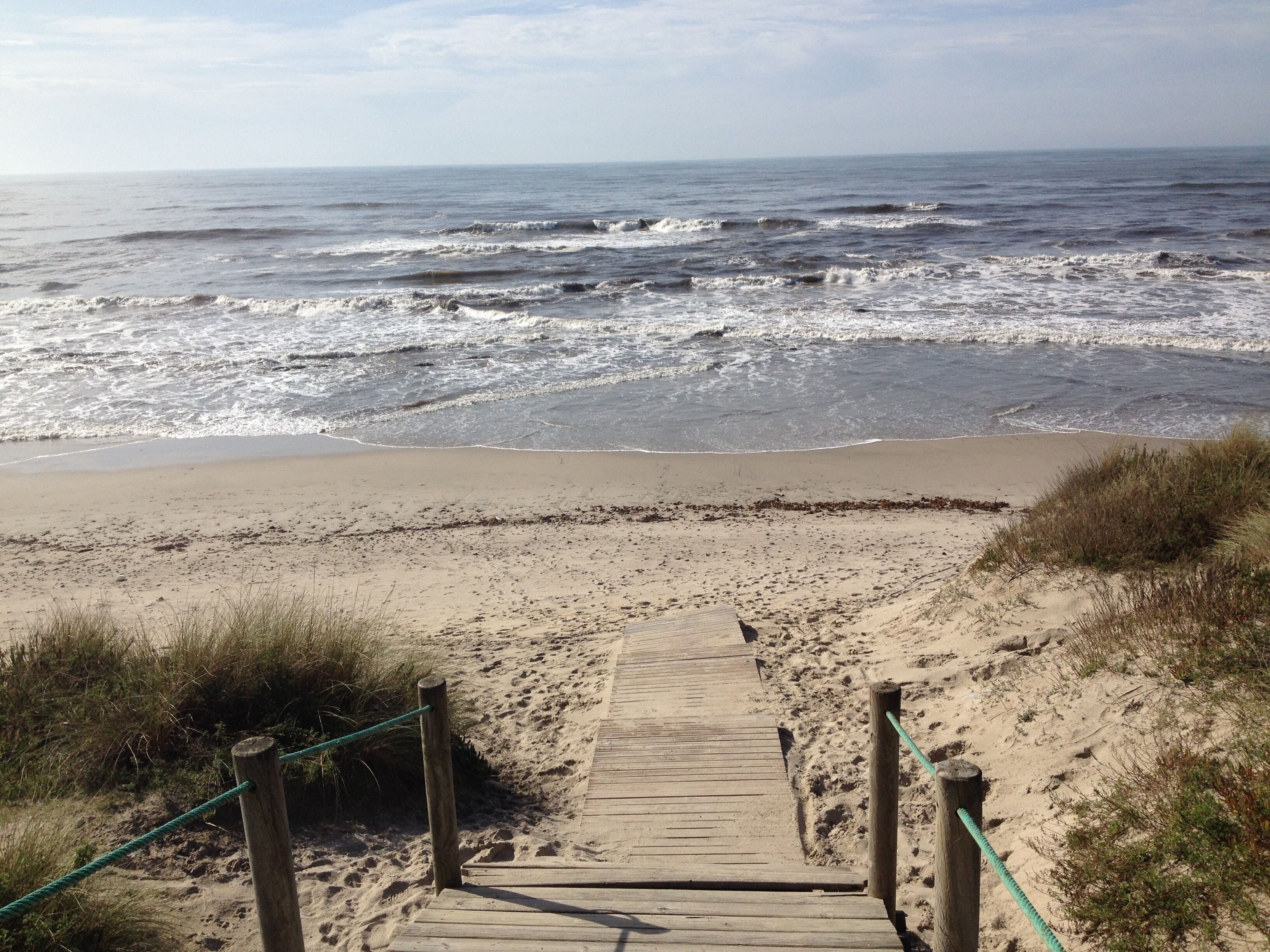 Una pasarela de madera que conduce a una playa arenosa, con olas al fondo.