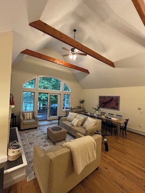 Smart TV, fireplace, DVD player, books