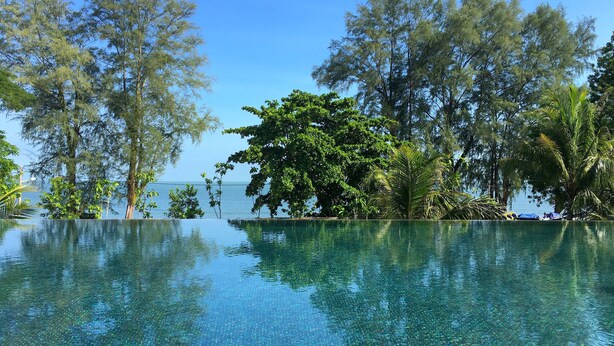 A clear blue pool with a tiled bottom, surrounded by lush greenery and trees, with a view of the water. - Seaside, heart of Batu Ferringhi beach, luxury home stay  (Tanjung Bungah)