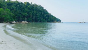 A beach with a sandy shore and a forested hill in the background. - Seaside, heart of Batu Ferringhi beach, luxury home stay  (Tanjung Bungah)