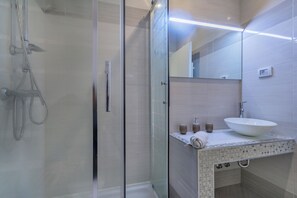 Hair dryer, towels, soap, toilet paper