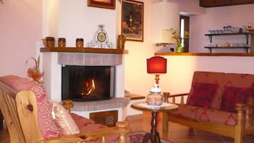 Televisión, chimenea, reproductor de DVD y libros