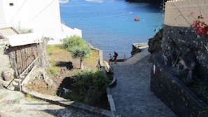 Stroll down to the tranquil harbor, surrounded by lush vegetation and a historic building.