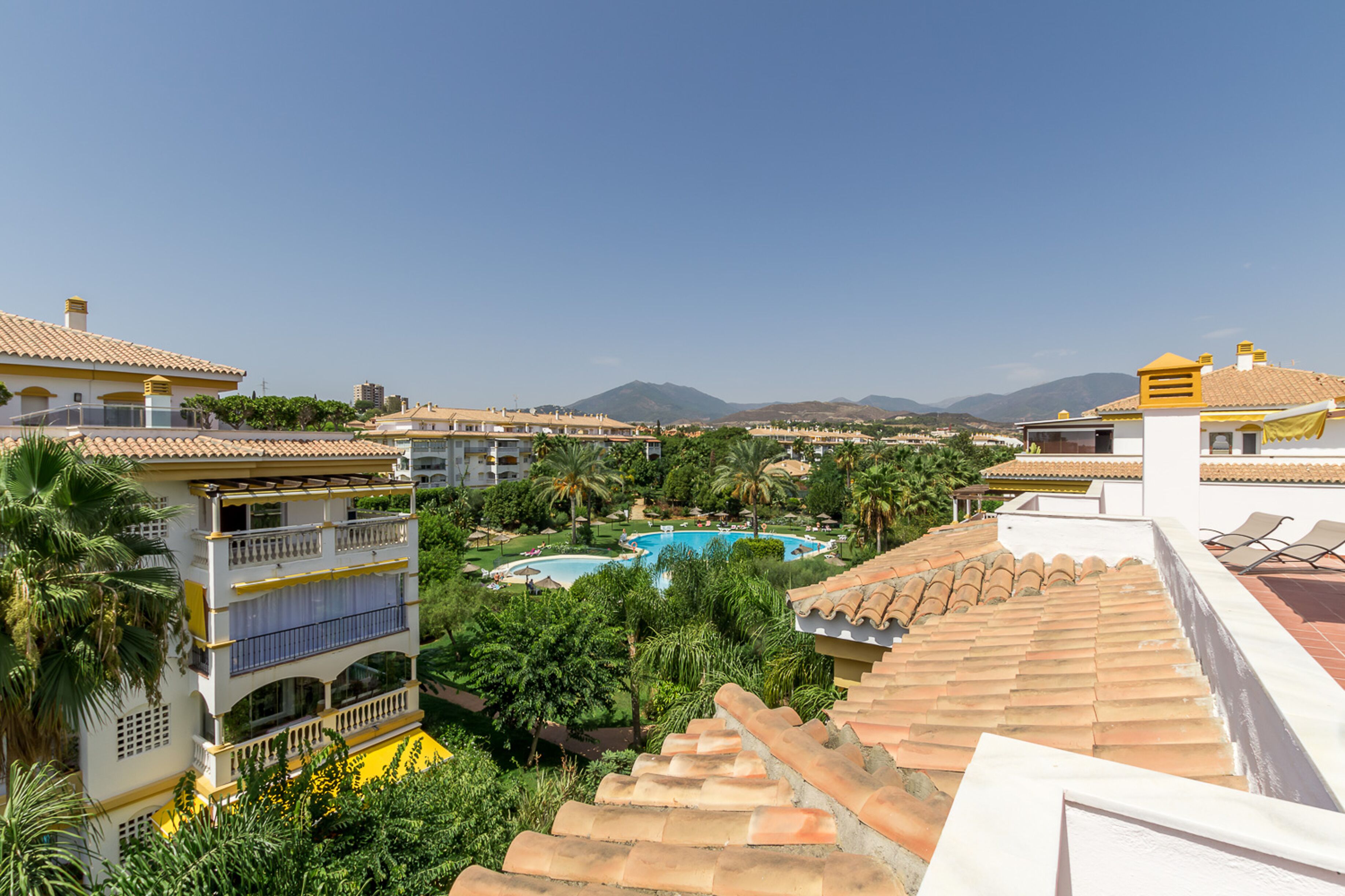 A resort with a swimming pool surrounded by lush greenery and palm trees, overlooking a mountainous landscape.