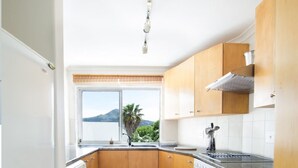 Een moderne keuken met houten kastjes, een roestvrijstalen afzuigkap en een groot raam met uitzicht op een berg en een palmboom.