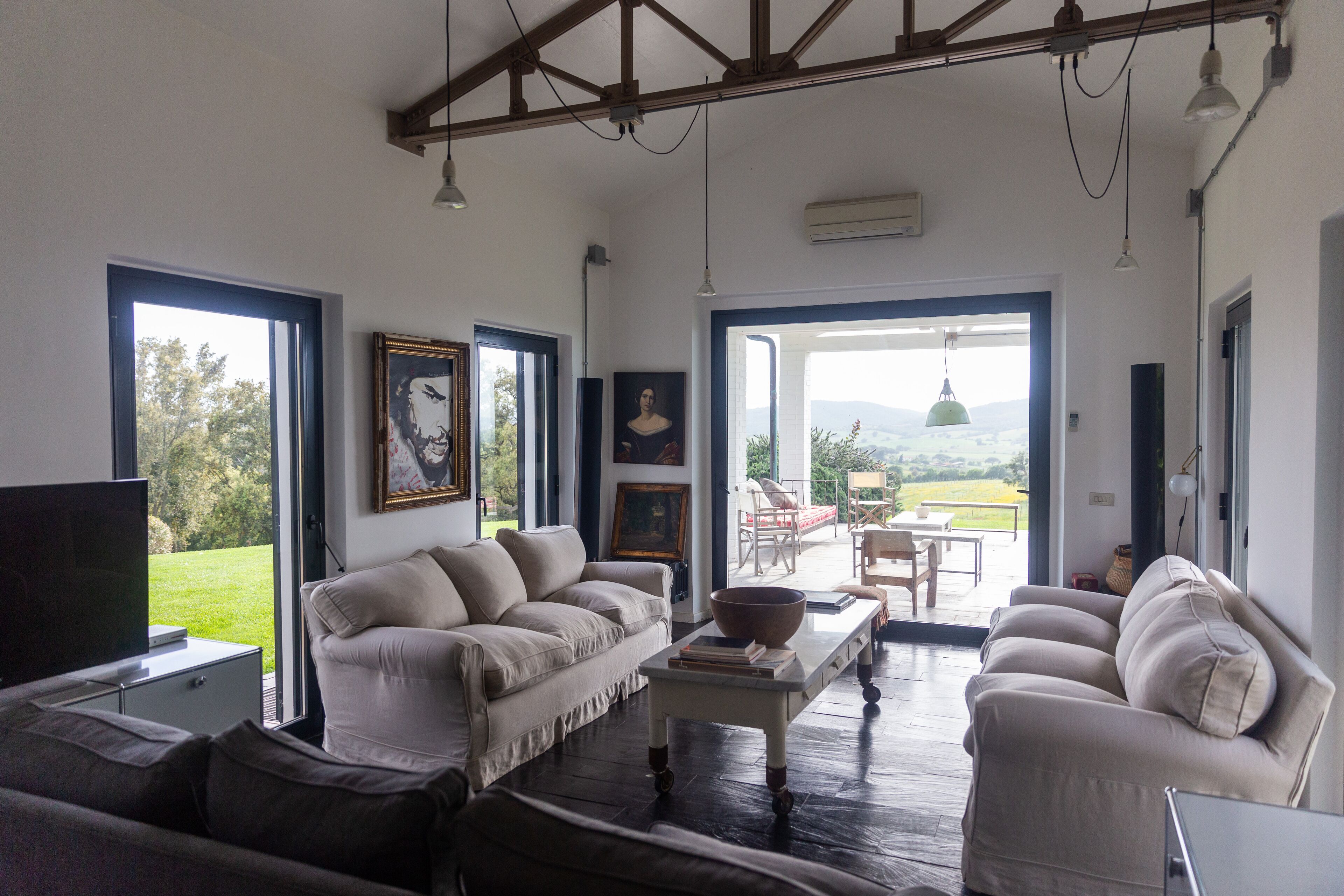 TV connectée, cheminée, lecteur de DVD, livres