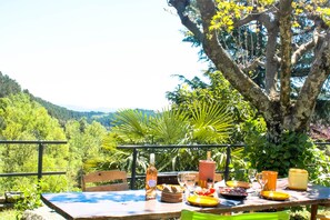 An outdoor dining table with a view of a forested hillside.