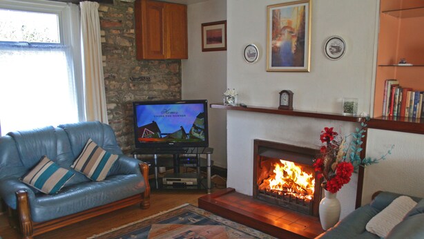 Una sala de estar con chimenea, televisor y sofá.
