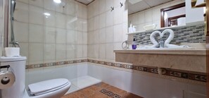 A bathroom with a toilet, shower, and sink. - IN FIRST LINE OF THE SEA, WITH AIR CONDITIONED POOL, PRIVATE SOLARIUM and WiFi - 30 (Tenerife)