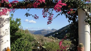 Vista attraverso un pergolato fiorito di rosa, su un paesaggio montuoso con case.