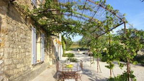 Ein Gebäude aus Stein mit überdachter Terrasse, einem Tisch mit Stühlen und einer mit Wein bewachsenen Pergola.