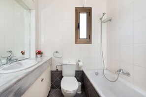 Combined shower/bathtub, hair dryer, towels, soap