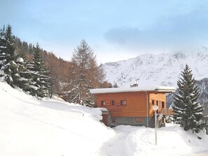 Situated in a serene mountainous area, this cabin offers a cozy retreat with a flat roof and a small porch.