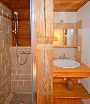 Bathroom features a shower, sink, and mirror, with a wooden door and tiled walls.