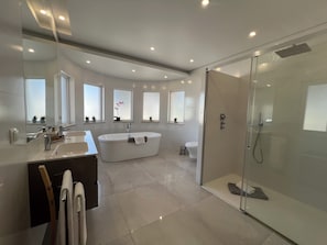 Combined shower/tub, hair dryer, bidet, towels