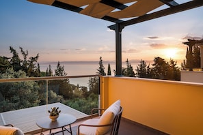 Ein Balkon mit Meerblick, einem Tisch und einem Kaktus sowie einem Stuhl.