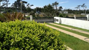 A well-maintained garden with a paved walkway, a black metal fence, and a white wall in the background.
