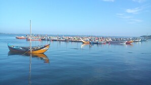 A calm harbor with numerous small boats docked.