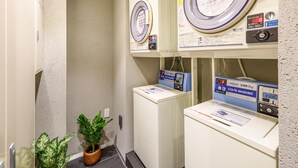 A laundry area with two washing machines and a dryer, a small potted plant, and a wall-mounted control panel. - Hotel Livemax Asakusabashi Station (Tokyo)