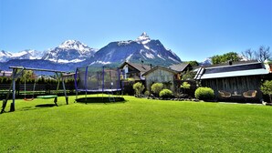 A backyard with a trampoline, a wooden shed, and a house with a sloped roof.