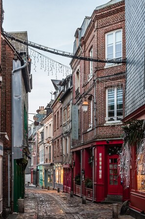 Eine enge Kopfsteinpflasterstraße, gesäumt von traditionellen Backsteingebäuden, von denen einige Schilder mit gewerblicher Nutzung zeigen.