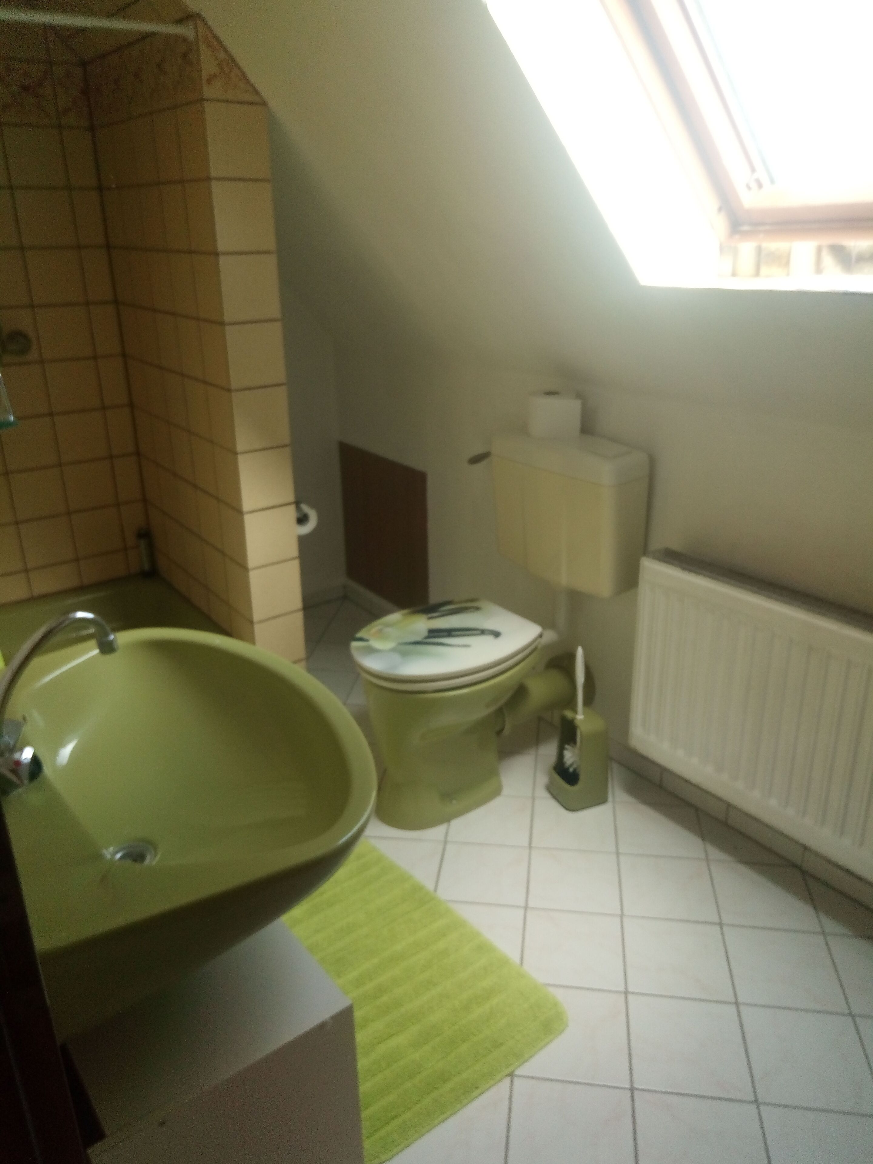 A bathroom with a green sink, toilet, and a skylight.