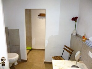 Regadera, secadora de cabello, toallas, papel de baño 