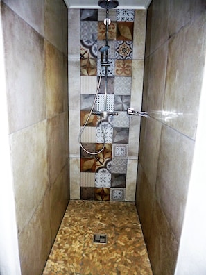 Shower, hair dryer, towels, toilet paper