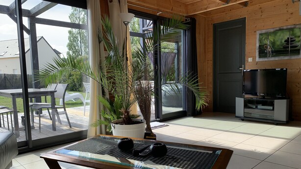 A modern living room with a glass coffee table, a potted plant, a TV stand, and a view of the outdoors.
