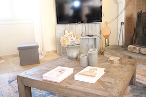 A living room with a wooden coffee table, a grey ottoman, a vase with dried flowers, and a fireplace. - Holiday rental CAUMONT SUR DURANCE LS6-248 (Caumont sur Durance)