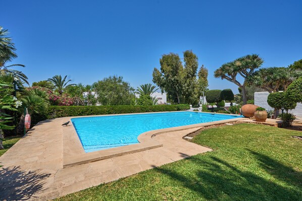 Una piscina rectangular con borde curvo, rodeada por un césped cuidado y varios árboles.