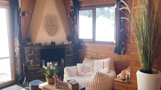 A cozy cabin interior with a stone fireplace, wooden walls, a cushioned seating area, and a large potted plant. - La Clusaz skiing and biking (La Clusaz)