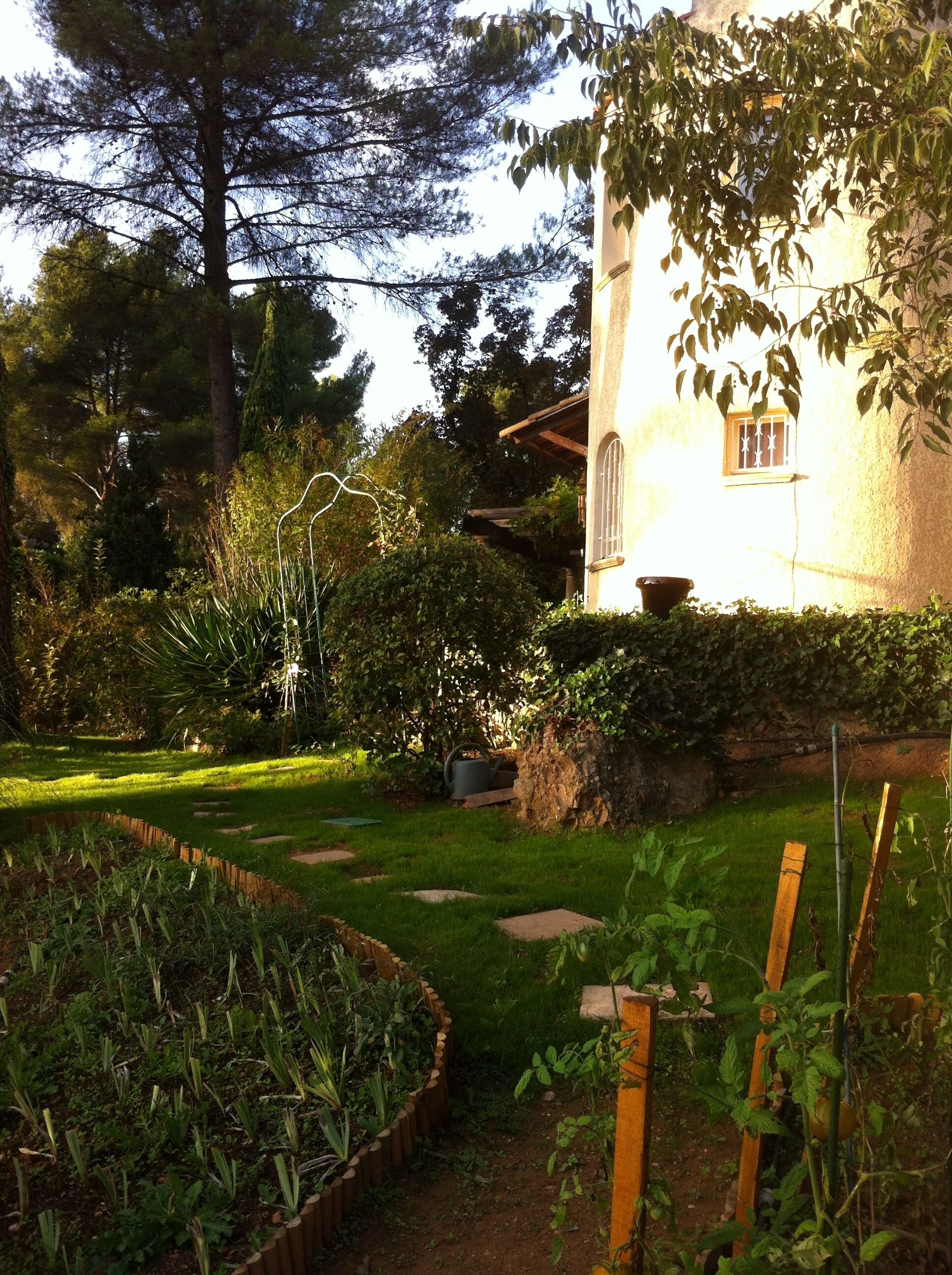 Un jardín con un camino de piedra que lleva a un edificio con una ventana.