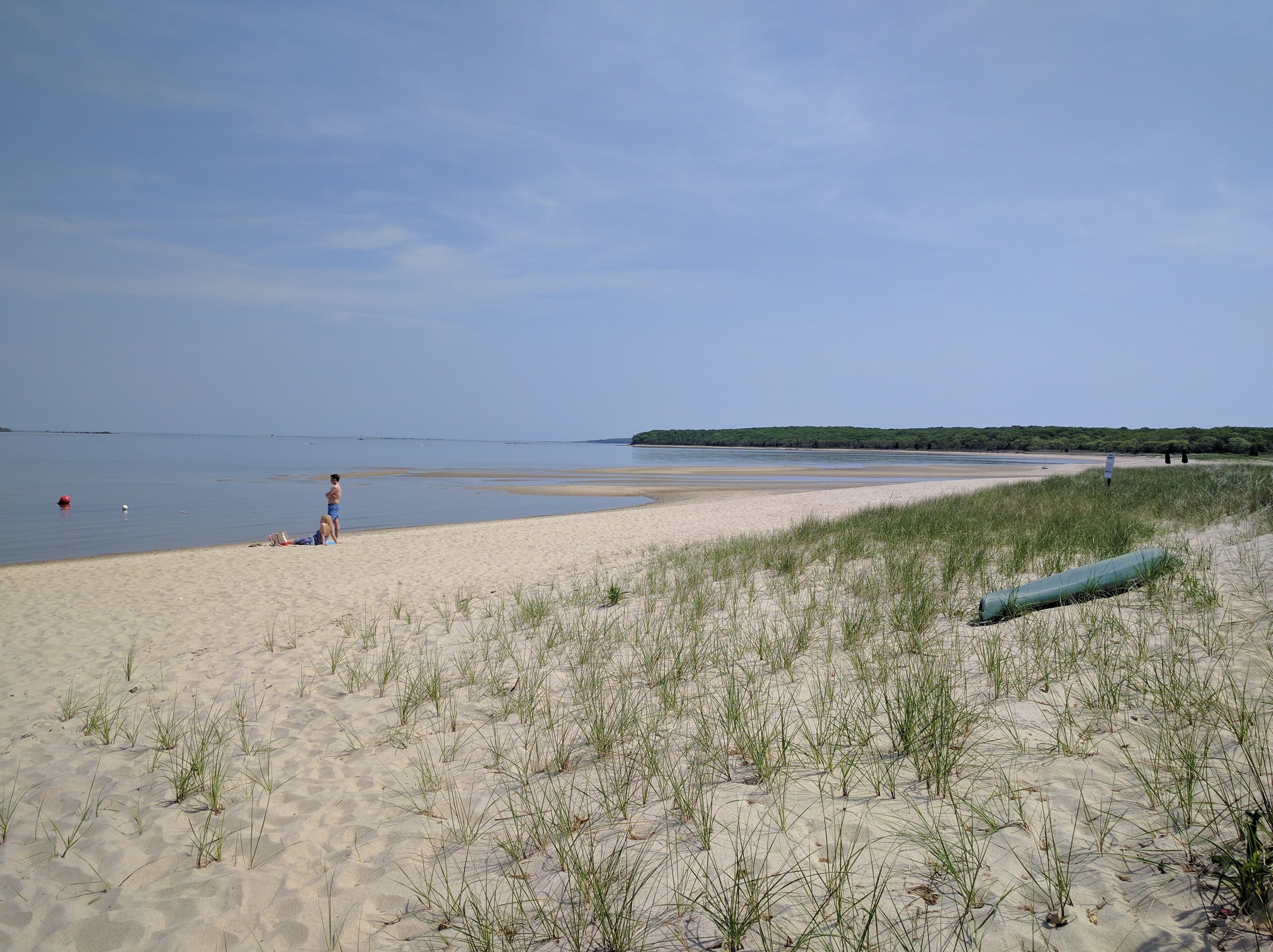 A beach with sand, grass, and a calm sea.