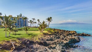 A coastal hotel with a rocky shoreline, palm trees, and a clear view of the ocean. - 101 - 2 bed/2 bath with A/C! Ground Floor Oceanfront with Breathtaking Views! (Kihei)